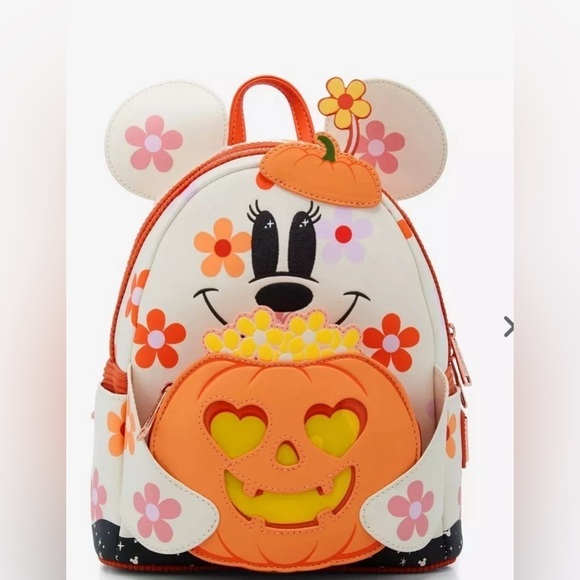 Loungefly Disney Minnie Mouse Floral Pumpkin Glow N Dark Light Up Mini Backpack - Picture 6 of 7